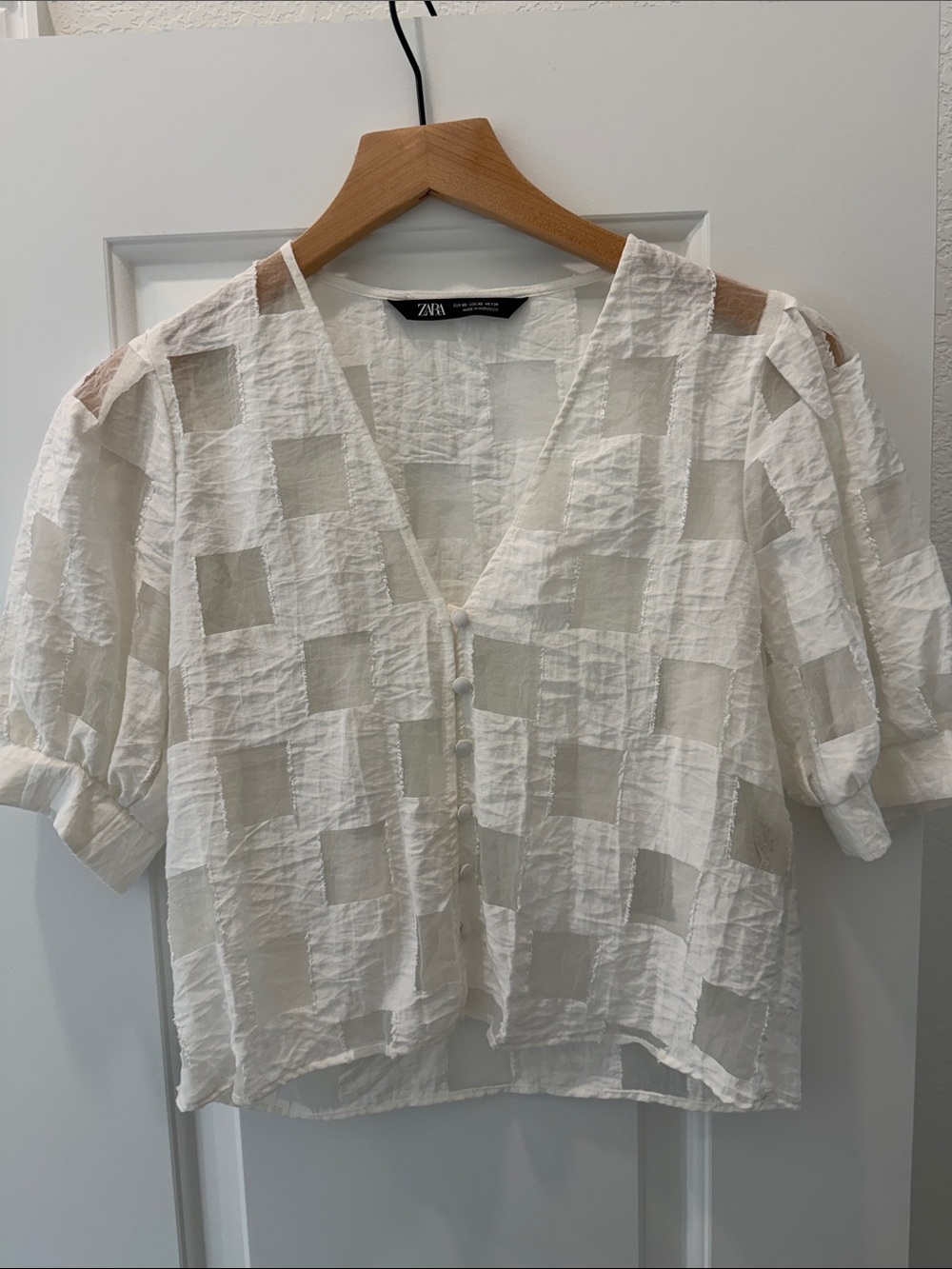 Zara White Sheer Check V-Neck Blouse
